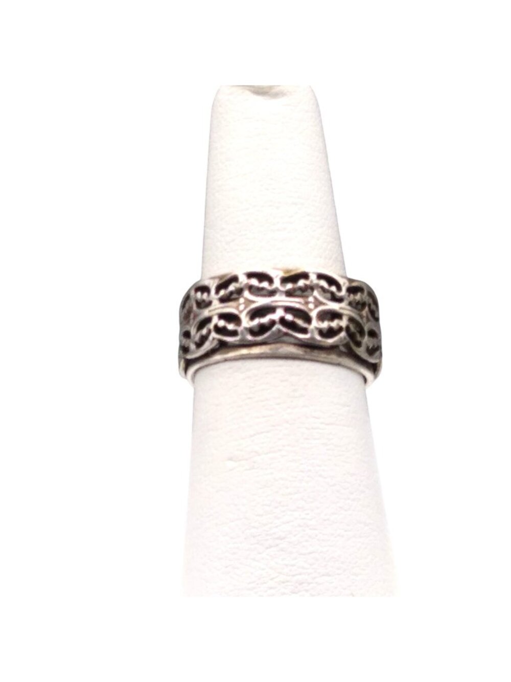 Pretty Vintage Band Ring with Filigree Overlay, Silver Tone, Unique Design